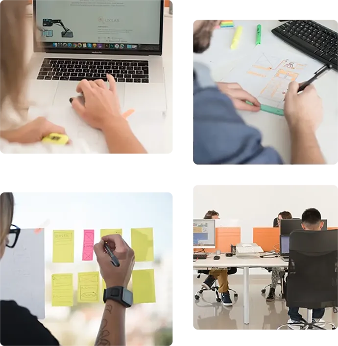 Office workflow collage: web design, prototyping, and team collaboration.